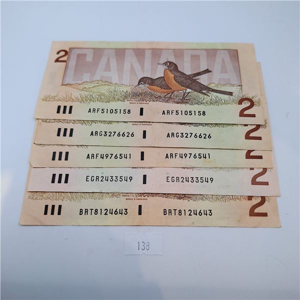 Five Canadian Two Dollar Bills