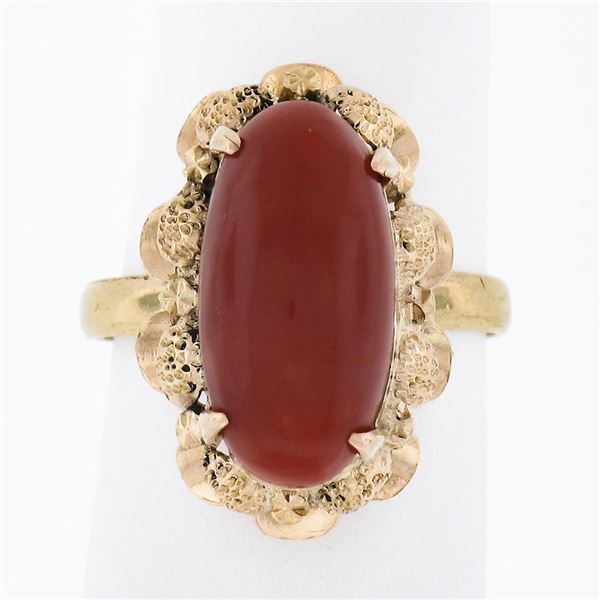 Vintage 18K Rosy Yellow Gold Oval Cabochon Cut Red Coral Textured Cocktail Ring