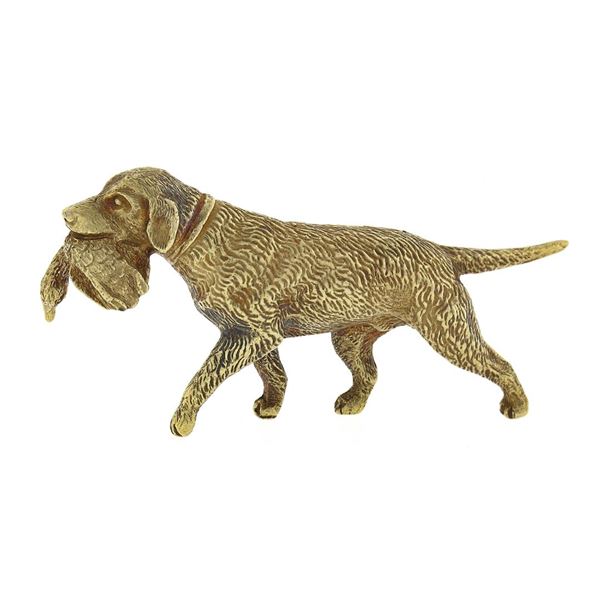 Vintage 18K Gold DETAILED Chesapeake Bay Retriever Hunting Dog & Duck Pin Brooch