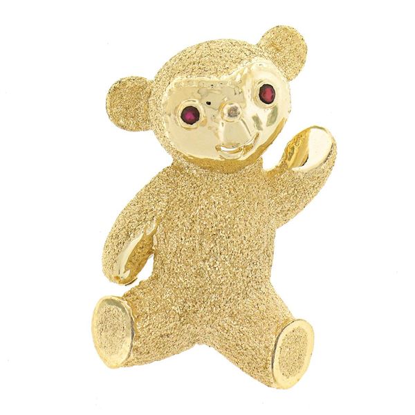 Solid 14K Yellow Gold Detailed Textured Teddy Bear w/ Ruby Eyes Pin Brooch