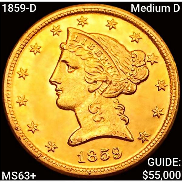 1859-D Medium D $5 Gold Half Eagle CHOICE BU+