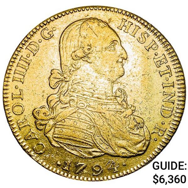 1794NR JJ Gold 8 Escudos Carlos IV .7615 AGW CLOSELY UNCIRCULATED