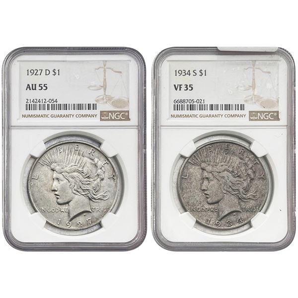 1927-D/1934-S [2] Silver Peace Dollar NGC VF/AU35-55