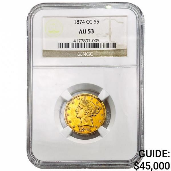 1874-CC $5 LH Half Eagle - Gold - NGC AU 53