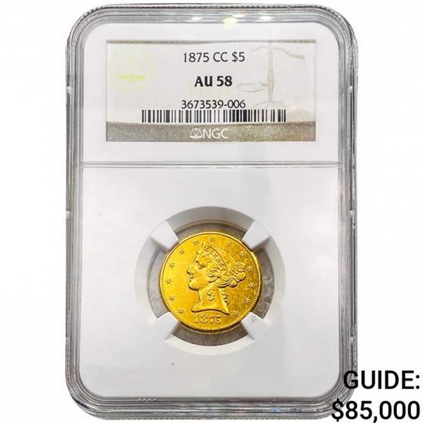 1875-CC $5 LH Half Eagle - Gold - NGC AU58