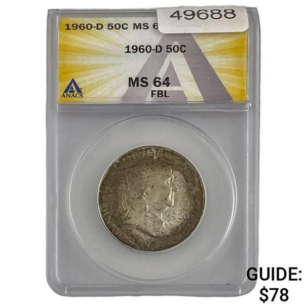 1960-D Franklin Half Dollar ANACS MS64 FBL