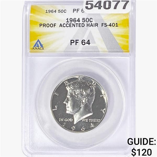 1964 Kennedy Half Dollar ANACS PF64 Accent Hair