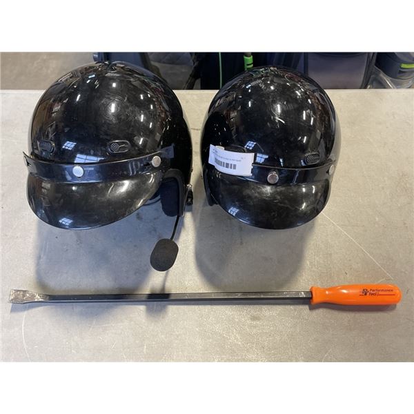 2 MOTORCYCLE HELMETS AND A PRYBAR
