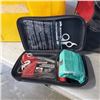 Image 2 : TOTE WITH ASSORTED SHOP SUPPLY, CRAMPONS, WRENCHES, SPRAYS ETC