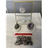 Image 1 : AMETHYST GEODE WITH CLEAR QUARTZ DISPLAY, PYRITE STONE AND BAG OF MIXED QUARTZ AND CRYSTALS