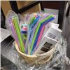 Image 1 : NEW SILICONE/ METAL STRAWS MIX & CLEANERS BASKET - 102 STRAWS, RETAIL $190