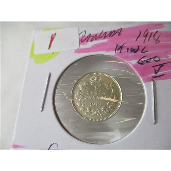 1918 CANADA KING GEORGE V SILVER FIVE CENT