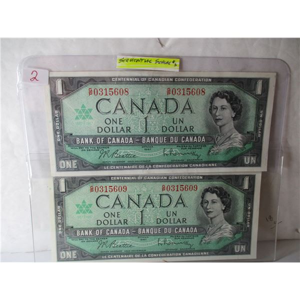 CANADA SET OF CENTENNIAL SEQUENTIAL SERIAL NUMBER $1 BILLS