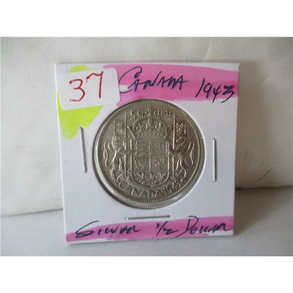1943 CANADA KING GEROGE VI SILVER HALF DOLLAR