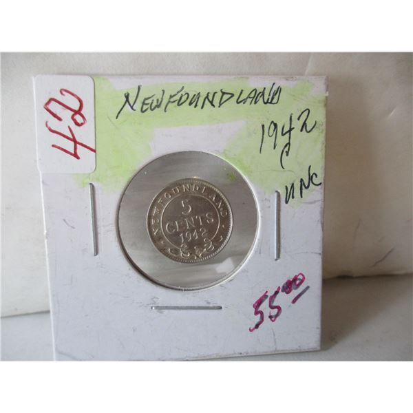 1942 C UNCIRCULATED NEWFOUNDLAND SILVER FIVE CENT