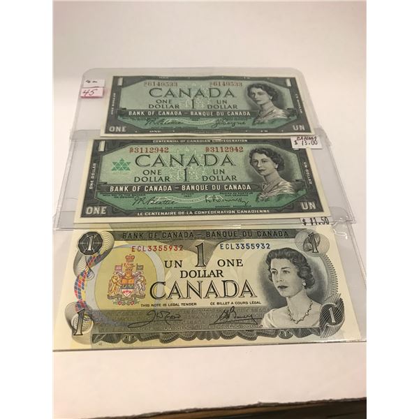 1954, 1967, & 1973 CRISP UNCIRCULATED CANADA $1 BILLS