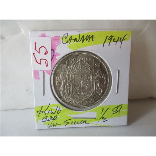 1944 CANADA KING GEROGE VI SILVER HALF DOLLAR