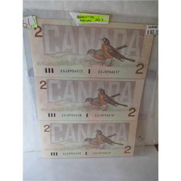 1986 SET OF SEQUENTIAL SERIAL NUMBER LAST OF CANADA $2 BILLS