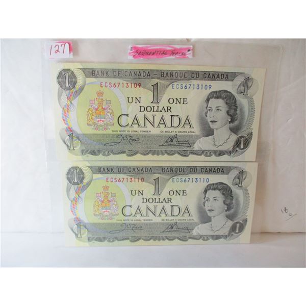 SET OF TWO CRISP UNCIRCULATED 1973 SEQUENTIAL SERIAL NUMBER $1 BILLS