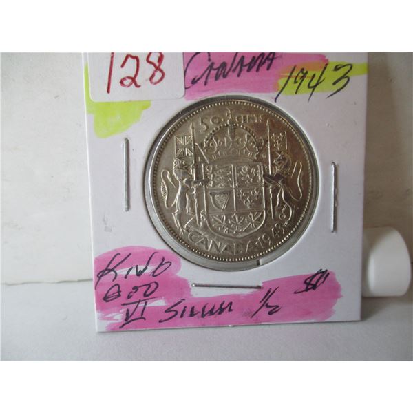 1943 CANADA KING GEROGE VI SILVER HALF DOLLAR