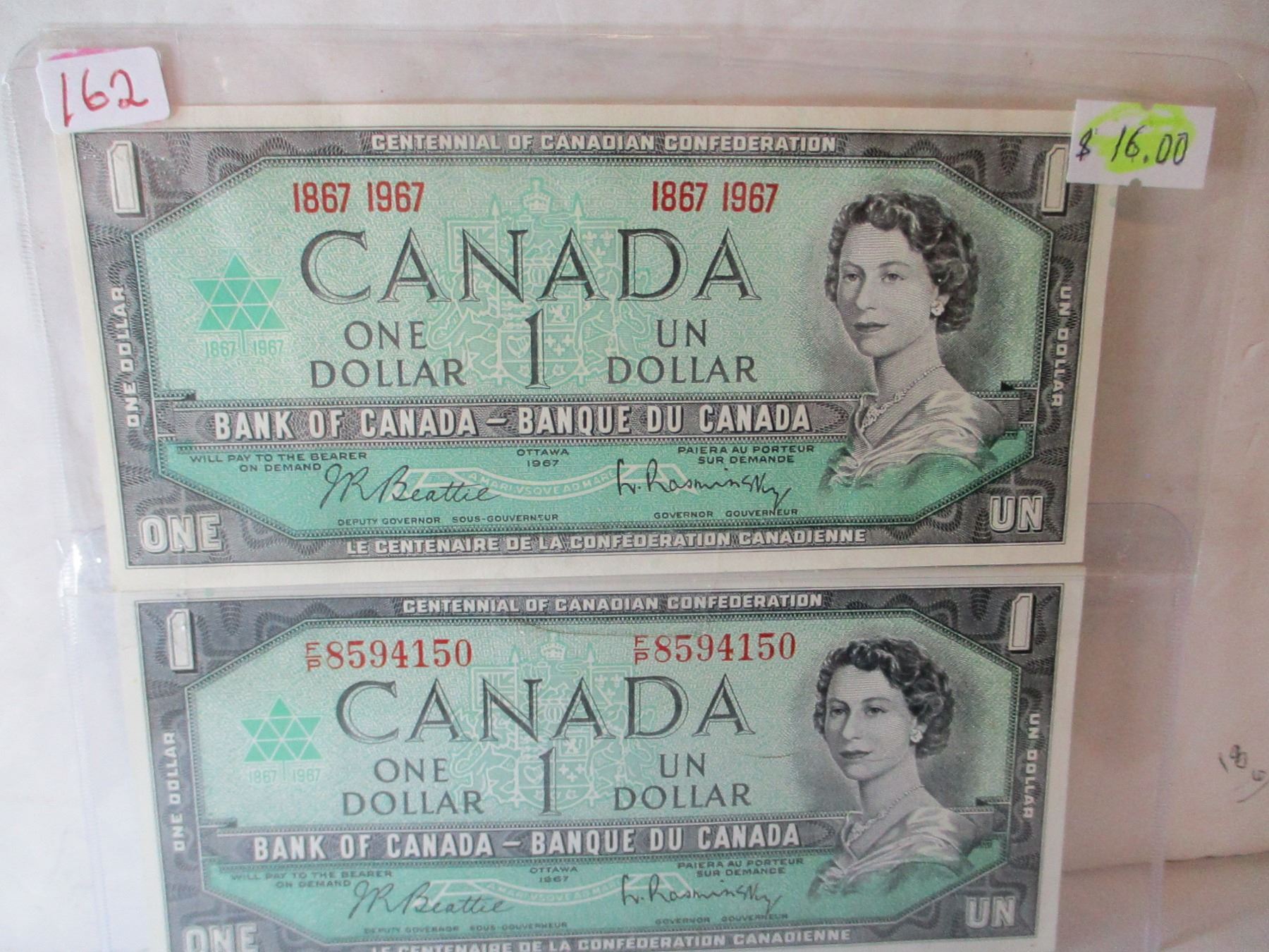 1967 CENTENNIAL SET (NO SERIAL NUMBER & WITH SERIAL NUMBER) $1 BANK NOTES
