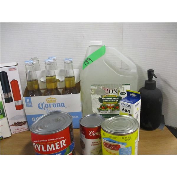 FREIGHT DAMAGE (AS IS):  TOTE C/W CANNED GOODS, JUICE MIX, VINEGAR, ETC