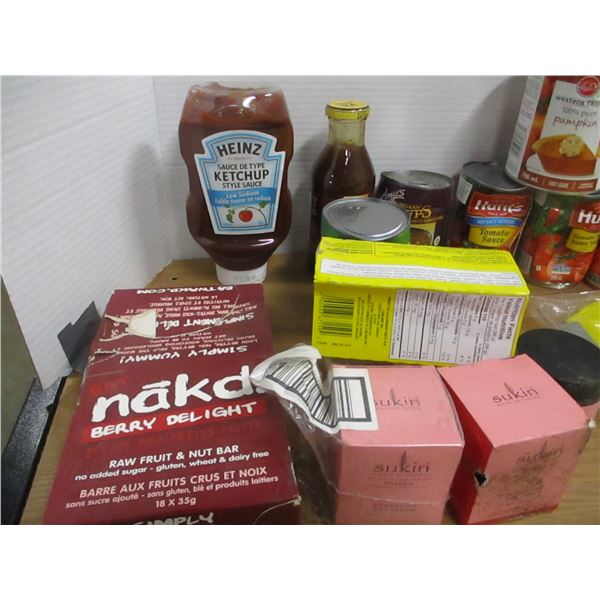 FREIGHT DAMAGE (AS IS):  YELLOW TOTE C/W ASSORTED CANNED GOODS, ETC