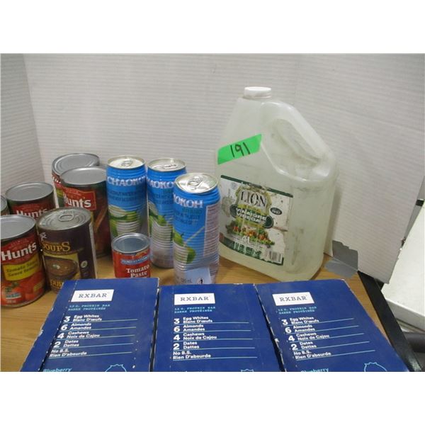 FREIGHT DAMAGE (AS IS):  TOTE C/W ASSORTED CANNED GOODS, PROTEIN BARS, ETC