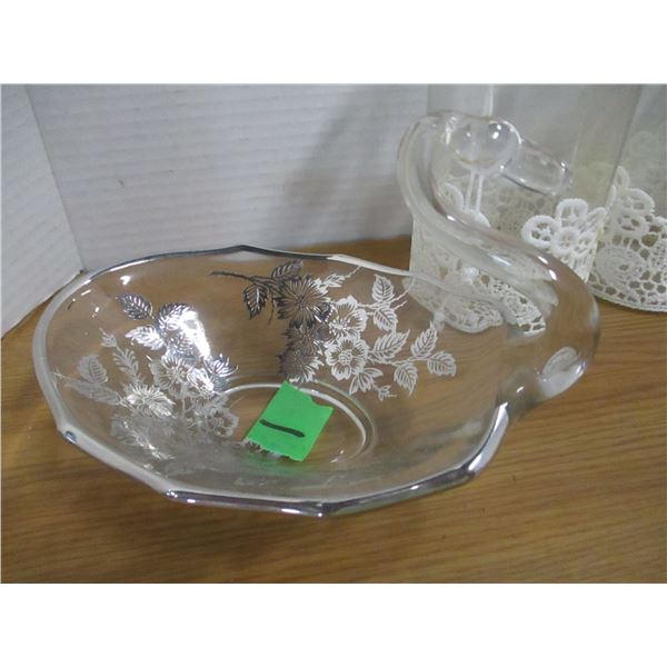 ESTATE/COLLECTABLE:  4 DECORATIVE JARS & SILVER INLAY SWAN DISH