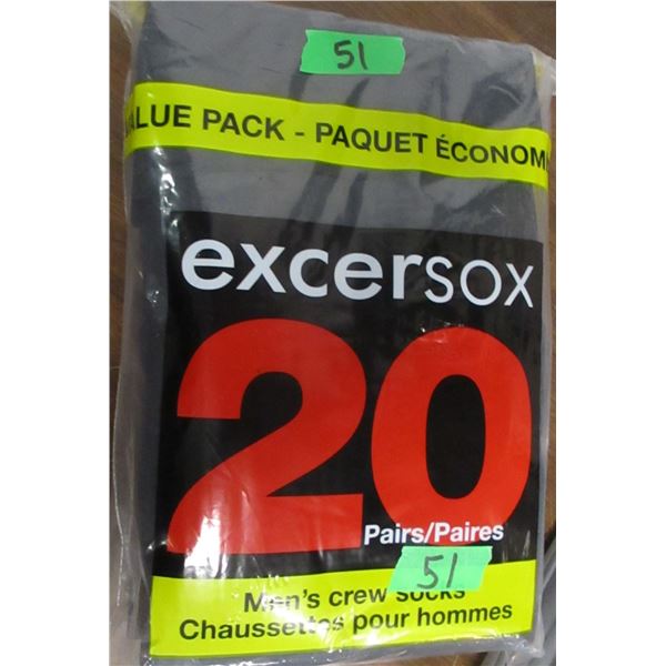 NEW:  MEN'S BLACK CREW SOCKS (SIZE 10 - 13) (20 PAIR) - PACKAGE