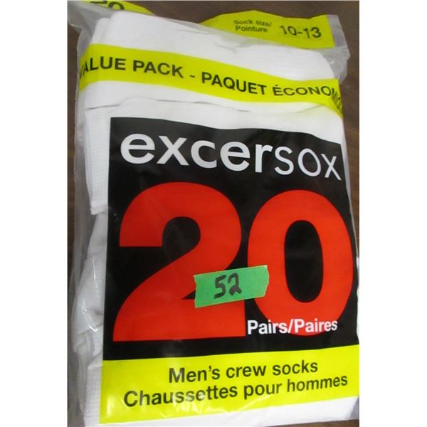 NEW:  MEN'S WHITE CREW SOCKS (SIZE 10 - 13) (20 PAIR) - PACKAGE