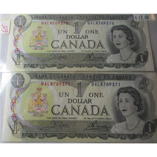 1973 BANK OF CANADA UNCIRCULATED SEQUENTIAL SERIAL NUMBER $1 BILLS (2)