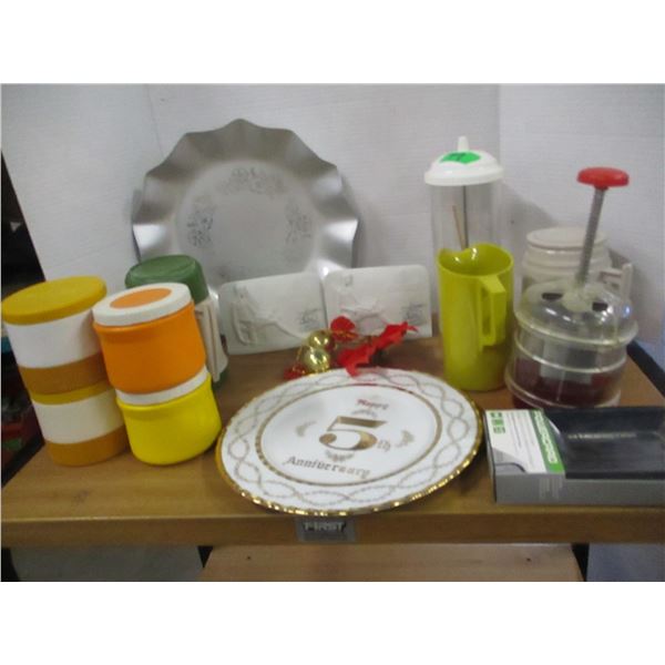 ESTATE:  BOX C/W ASSORTED KITCHEN ACCESSORIES INCLUDING CHOPPER, THERMOS', ANNIVERSARY PLATE, ETC