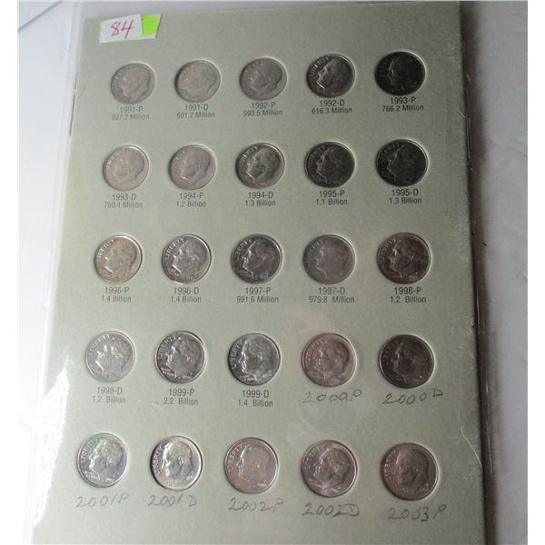 STOCK SHEET (25) USA 1991P - 2022P UNCIRCULATED DIMES