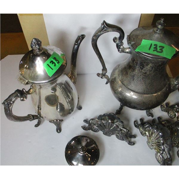 ESTATE/COLLECTABLE:  SILVER PLATED TRAYS, TEAPOT, HOLDERS, ETC - 8 PIECES