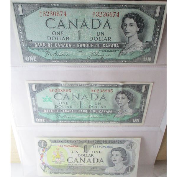 1954, 1967 & 1973 LAST OF CANADA $1 BILLS