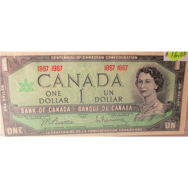 1967 CRISP UNCIRCULATED CANADA NO SERIAL NUMBER $1 BILL
