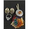 Image 1 : Unusual Silver Brooch w/ Feathers, Silver Screw Back Earrings and Costume Rings