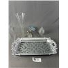 Image 1 : Silver Vanity Tray w/ Vintage Brush, Perfume Bottle. Trinket Box and Dot Bud Vase