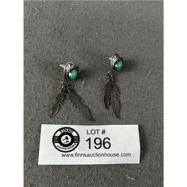 Beautiful Pair of Native American Indian Silver Earrings with Turquoise Marked Sterling TK