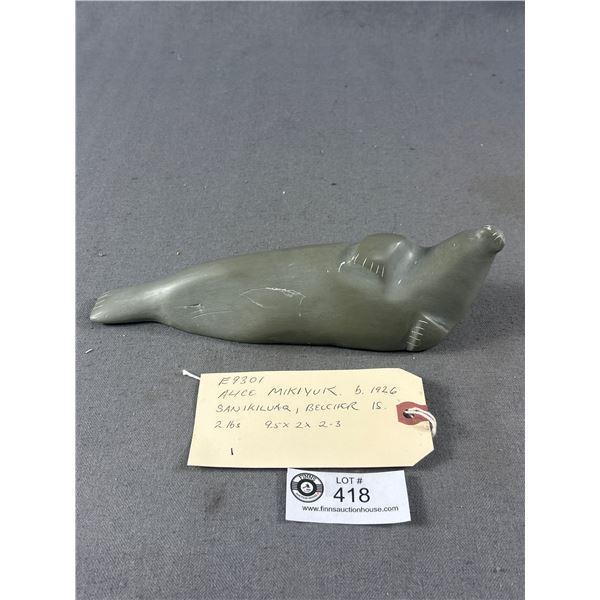 Beautiful Vintage Belcher Island Inuit Carving of a Large Seal.  Artist Alice Mikiyuk 9.5 x 2 x2.3 2
