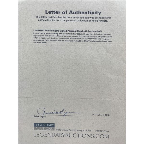 Rollie Fingers signed letter of authenticity