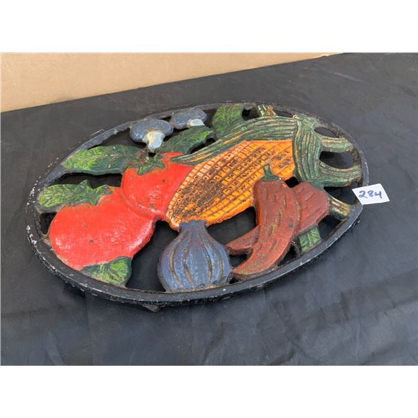 Vintage Cast Iron Trivet With Hand-Painted Vegetables