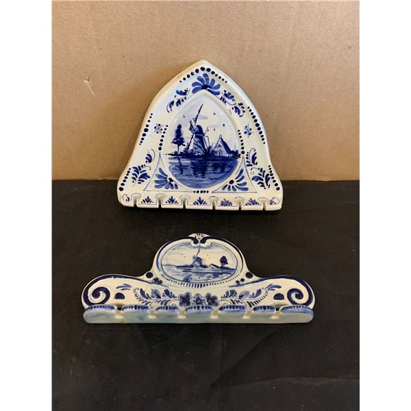 Lot of Two Vintage Blue Delft Windmill Design Souvenir Spoon Holders