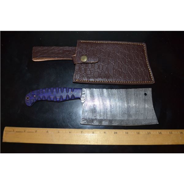 Hand Forged Damascus Steel Cleaver w/ Leather Sheath