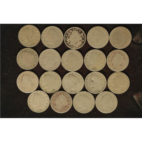 19 ASSORTED LIBERTY "V" NICKELS: 2 NO DATES & 17