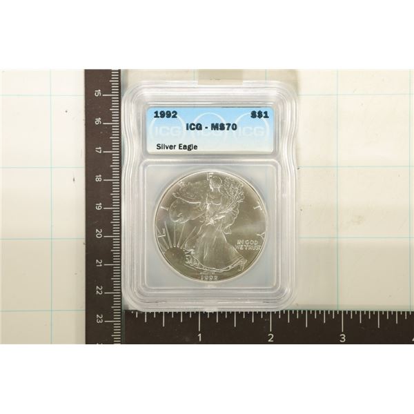 1992 AMERICAN SILVER EAGLE ICG MS70 1 OZ. SILVER
