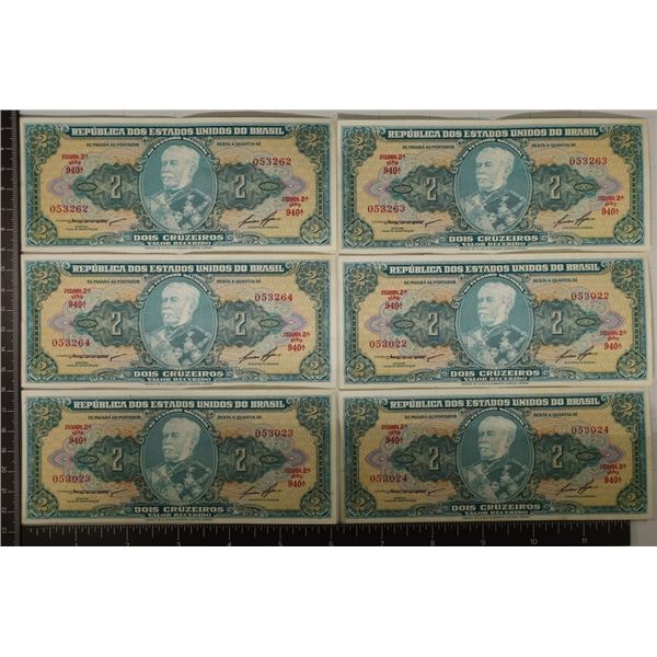 6-SERIES 1940 BRAZIL TWO CRUZEIROS CU BILLS ALL