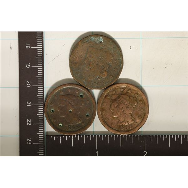 3 US LARGE CENTS: 1822 SMASHED. 1845- DRILL HOLE