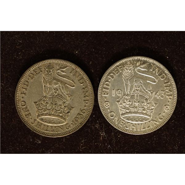 1936 & 1943 GREAT BRITAIN SILVER 1 SHILLING COINS